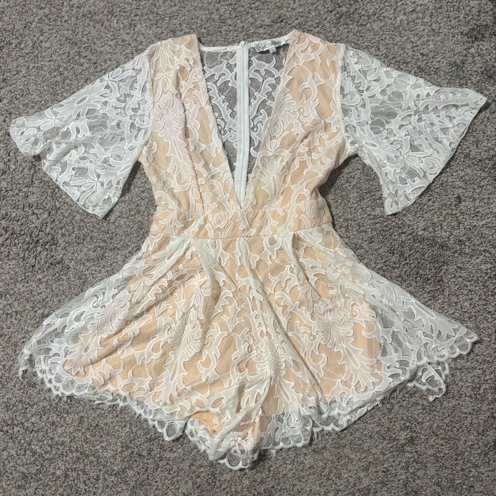 Deep-V SHOWPO Lace Romper in Cream and White